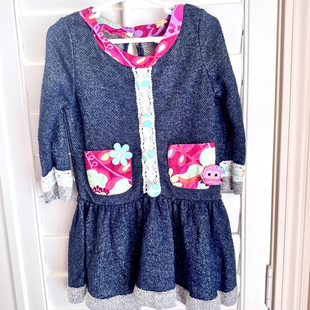 Rare Editions Toddler Girl Denim Dress Boho Floral Owl Patchwork Blue 2T F798385